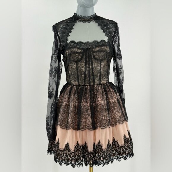 🆕 BRONX & BANCO 🧿 NWOT Daphne Illusion Lace Long Sleeve Mini Dress, Sz S US 4 - Picture 3 of 15